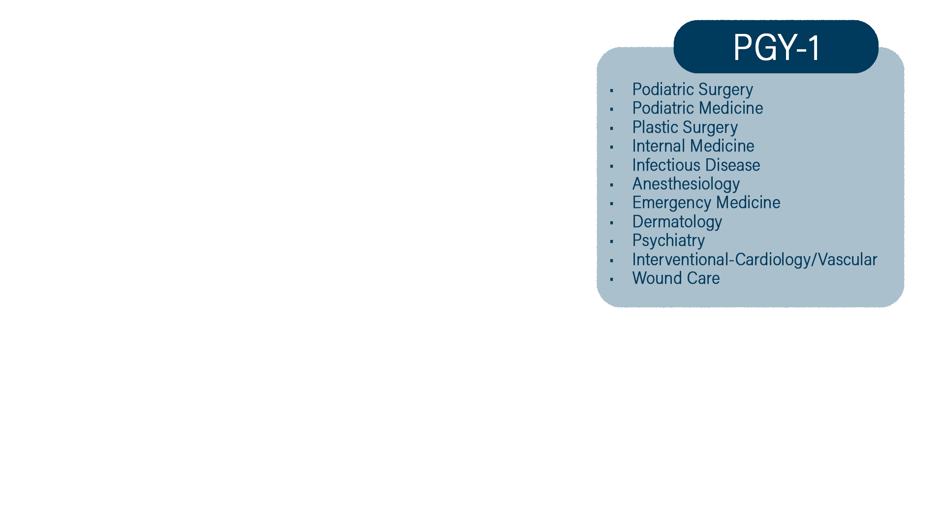 PGY-1 
                            Podiatric Surgery 
                            Podiatric Medicine 
                            Plastic Surgery 
                            Internal Medicine 
                            Infectious Disease 
                            Anesthesiology 
                            Emergency Medicine 
                            Dermatology 
                            Psychiatry 
                            Interventional-Cardiology/Vascular 
                            Wound Care